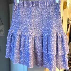 Lavender floral print Smocked Ruffle Tiered Mini Skirt, Lined, Size Small